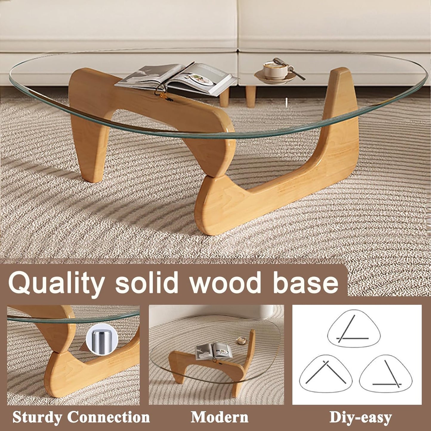 Mid Century Modern Glass Coffee Table, Small Coffee Table for Living Room, Elegant and Functional Coffee Tables, Suitable for Bedroom Living Room Reception Office Tables（Wood/Transparent，Medium）