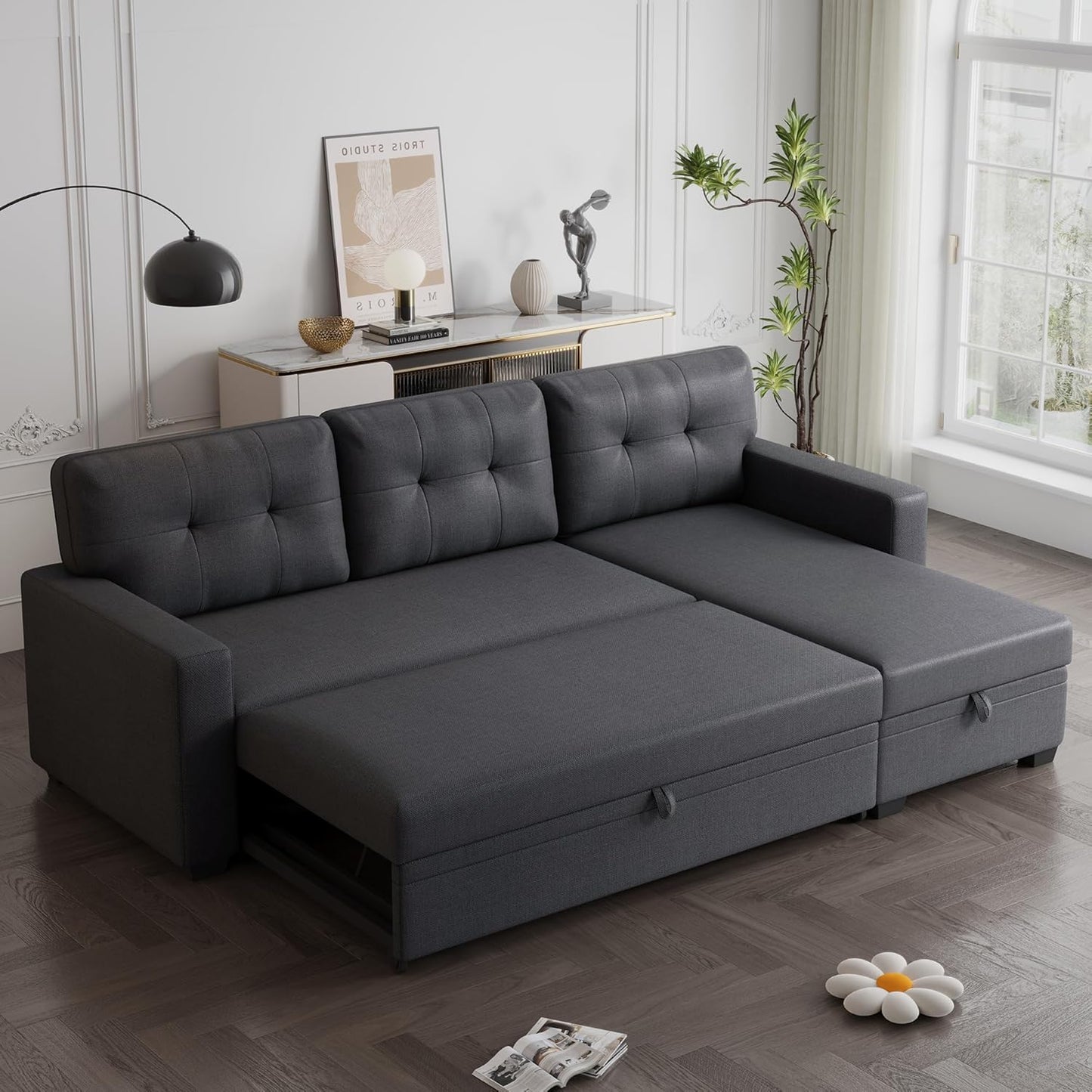 Ball & Cast Convertible Sectional Sleeper Sofa Bed L Shaped 4 in 1 Pull Out Couch with Reversible Storage Chaise & Removable Back Cushions,Sleeper Corner Pull Out Sofa Bed Couch for Living Room,Office