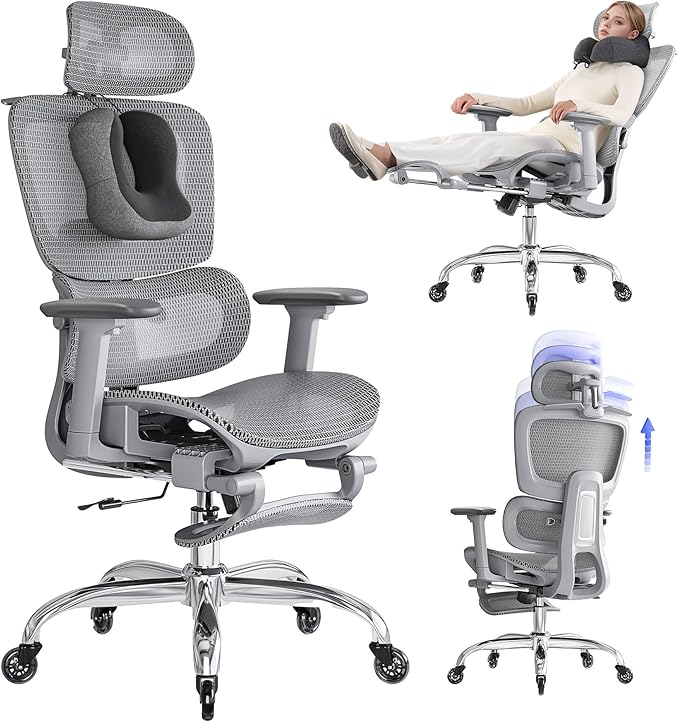 Office Chair with Footrest, Ergonomic Chair with Neck Pillow & Rubber Wheels, Computer Chair with Adjustable Backrest & 3D Armrests Headrest, Gaming Chair Adaptive Lumbar Support, Grey