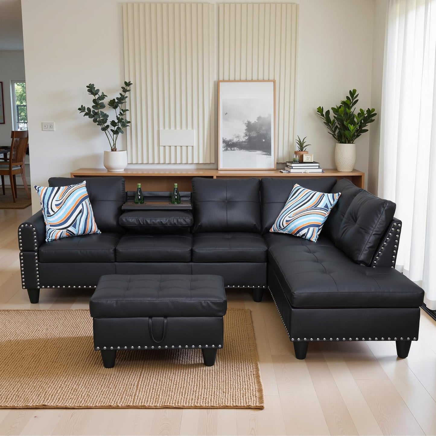 Osparple L Shaped Couch Faux Leather Sectional Couch Upholstered 3 Pieces Sofas for Living Room with Chaise, Ottoman with Storage for Office and Small Apartment, Graceful Black