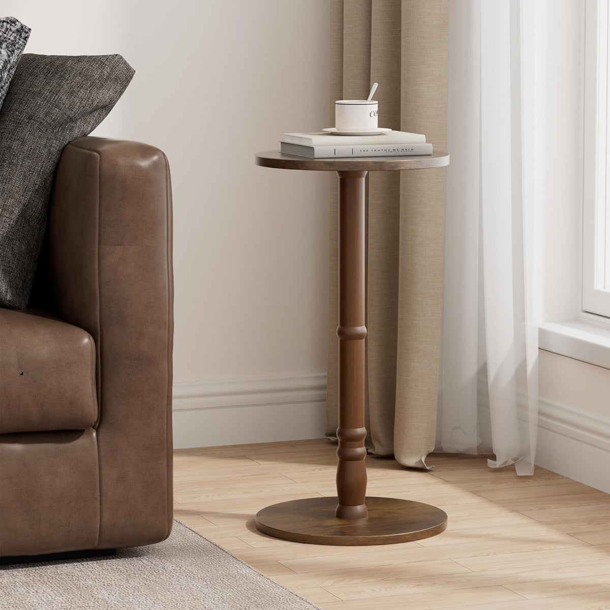 Round Side Table, Solid Wood Pillar with Wood Top & Base, Small Drink Accent Table for Living Room, Bedroom, Sofa & Office, Easy Assembly, Rustic Brown