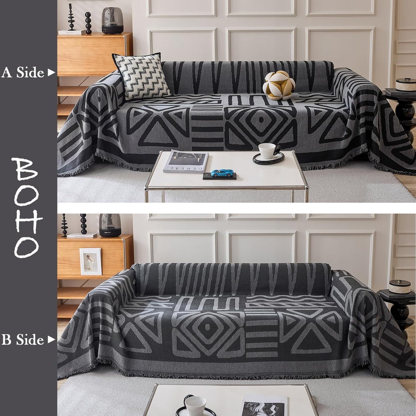 HANDONTIME Boho Geometric Couch Covers for Sofa Pet Friendly Dark Grey and Black Sofa Covers Washable Chenille Couch Blanket Cover for 2 Cushion Couches Pet Protector Furniture Cover Soft, 71" X 102"