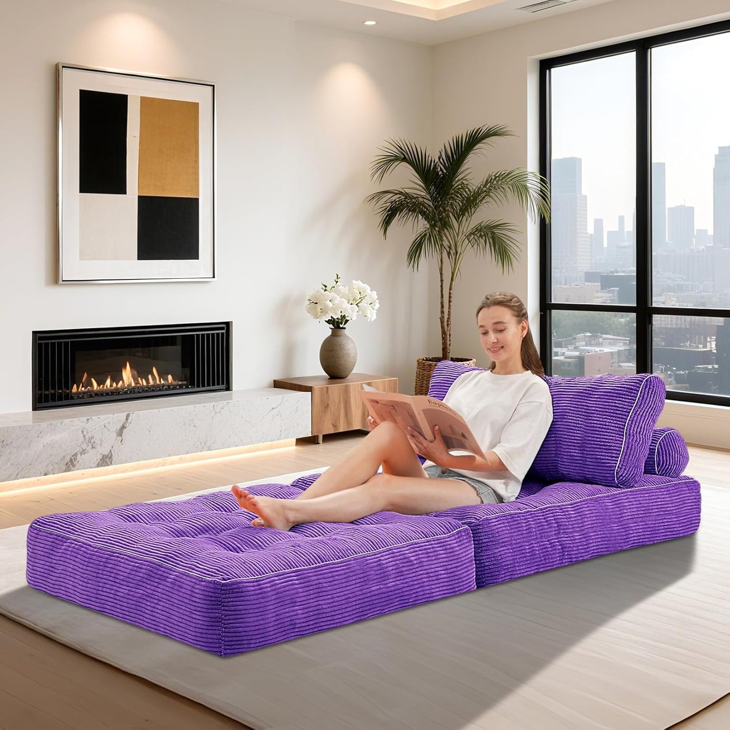 HABUTWAY Folding Sofa Bed, Convertible Sleeper Chair Bed w/Dual-Pillow & Handle, Foldable Floor Sofa Lounge w/Back Support for Living Room, Bedroom, Apartment, Office, Purple