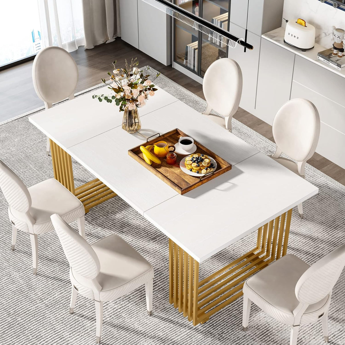 Tribesigns Modern Dining Table for 6-8 People, 70.8 Inches Long White Room Kitchen, Wood Kitchen with Gold Metal Legs, Rectangular Dinner Room, Family Gathering