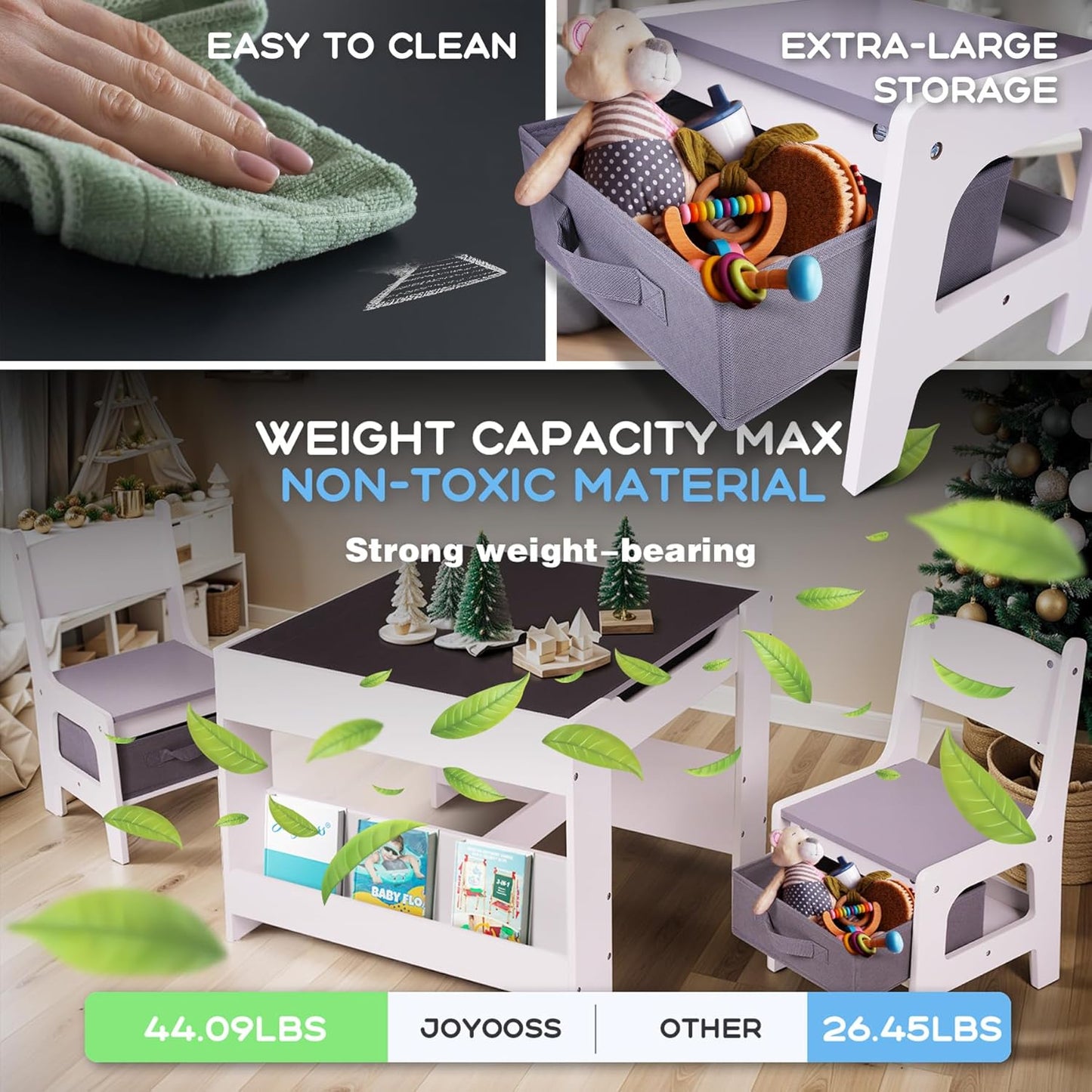 Joyooss Kids Table and Chair Set,4 in 1 Wooden Kids Table and Chairs Ages 3-7,Toddler Table with Storage Kid Desk and Chair Set for Toddlers 2 in 1 Tabletop