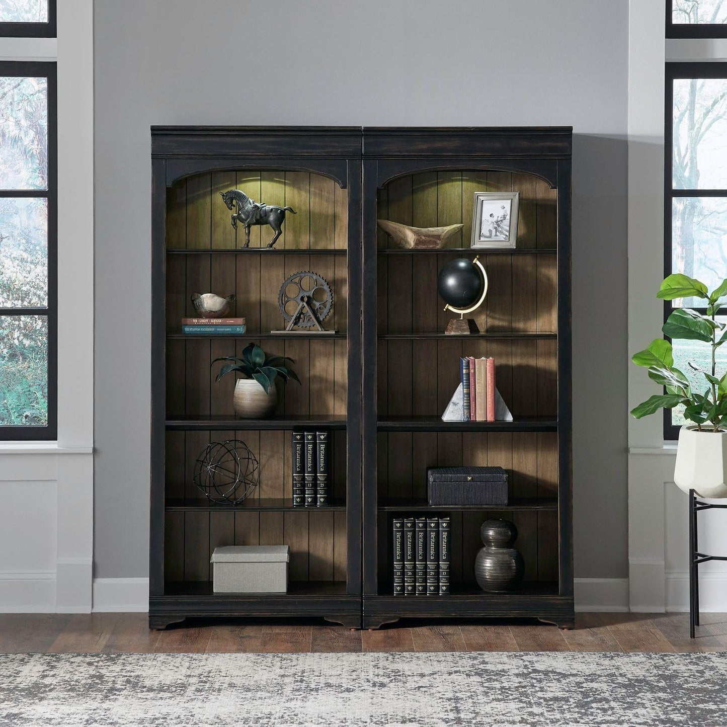 Liberty Furniture Meritage 2 Piece Bunching Bookcase Set for Home Office Touch LED Light- Aged Charcoal w/Rub Thru & Caramel