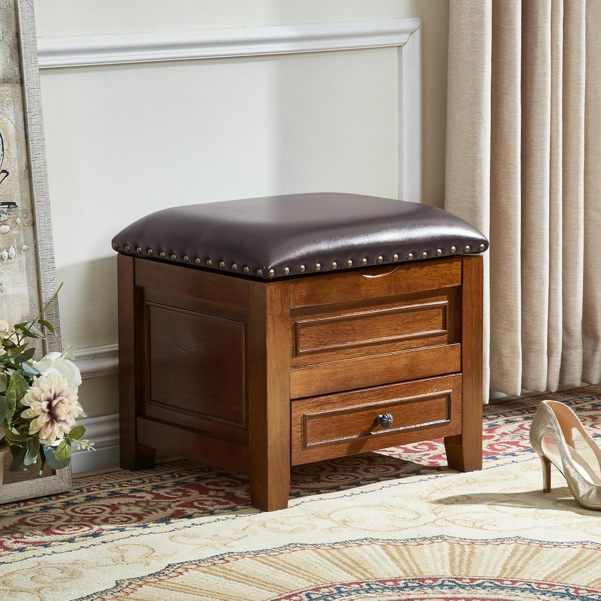 Storage Ottoman with Drawer, Microfiber Leather Padded Top Foot Rest Stool with Nailhead Trim for Bedroom Living Room