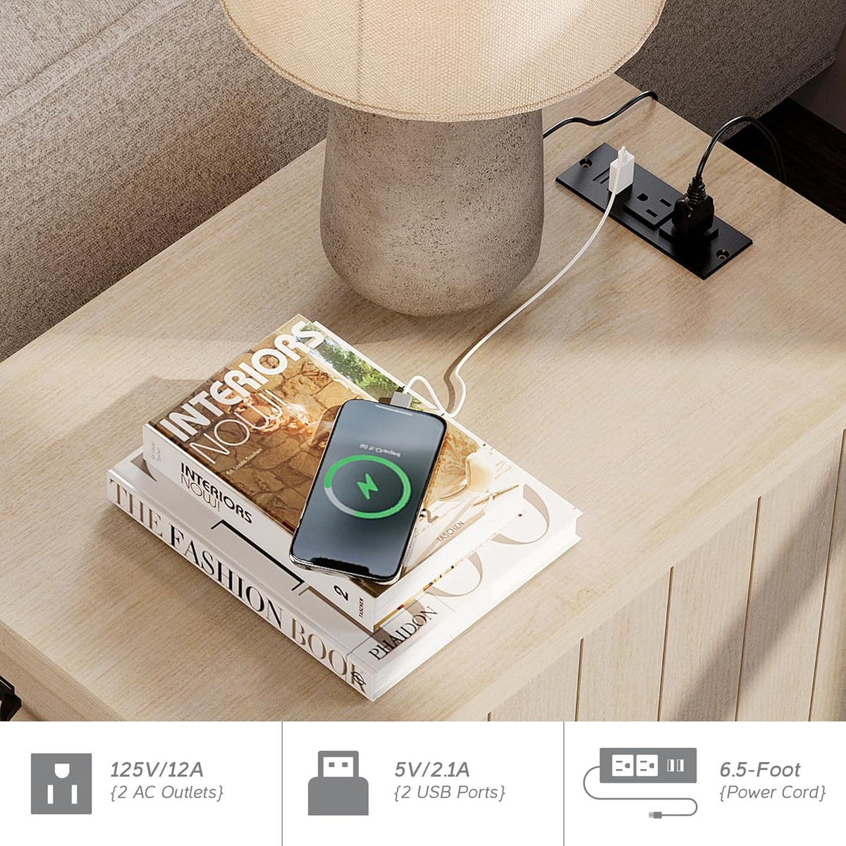 WAMPAT Beige End Table with Charging Station, Wooden Side Table with Storage Cabinet & Drawer, Elegant Nightstand with Power Outlets & USB Ports for Bedroom, Living Room