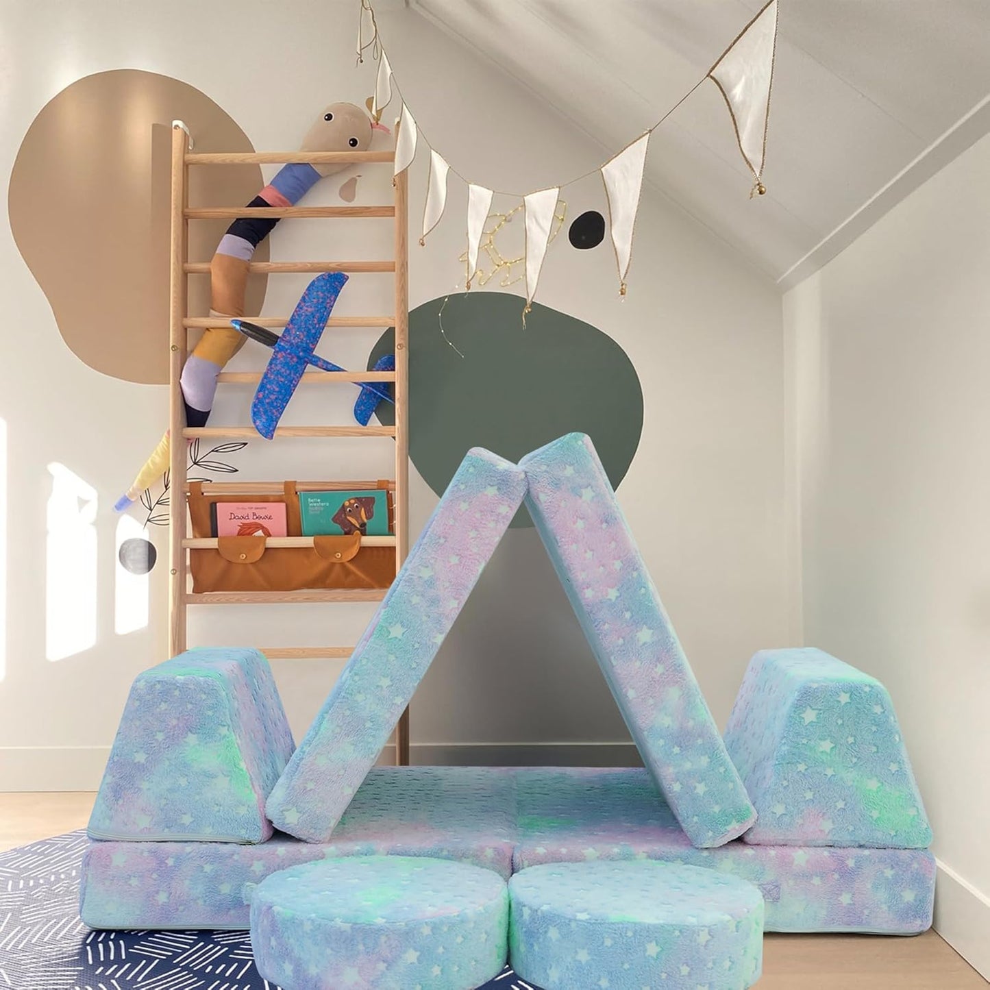 MeMoreCool Modular Glow Sofa for Kids, Colorful Star 8-Piece Convertible Foam Toddler Couch Play Set for Playroom and Children