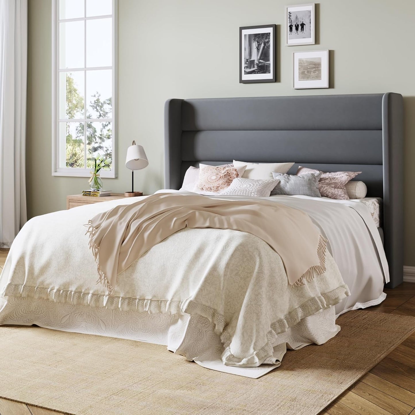 Allewie Full Size Platform Bed Frame with Velvet Upholstered Wingback Headboard, No Box Spring Needed, Under Bed Storage Space, Strong Wooden Slats, Modern Mattress Foundation, Easy Assembly, Grey