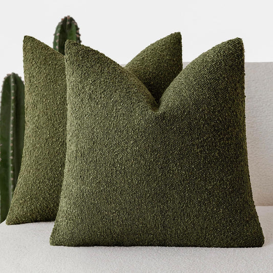 Foindtower Set of 2, Decorative Textured Boucle Throw Pillow Covers Accent Solid Pillow Cases Neutral Soft Cozy Couch Cushion Case for Chair Sofa Bedroom Living Room Home Decor 24x24 Inch Moss Green