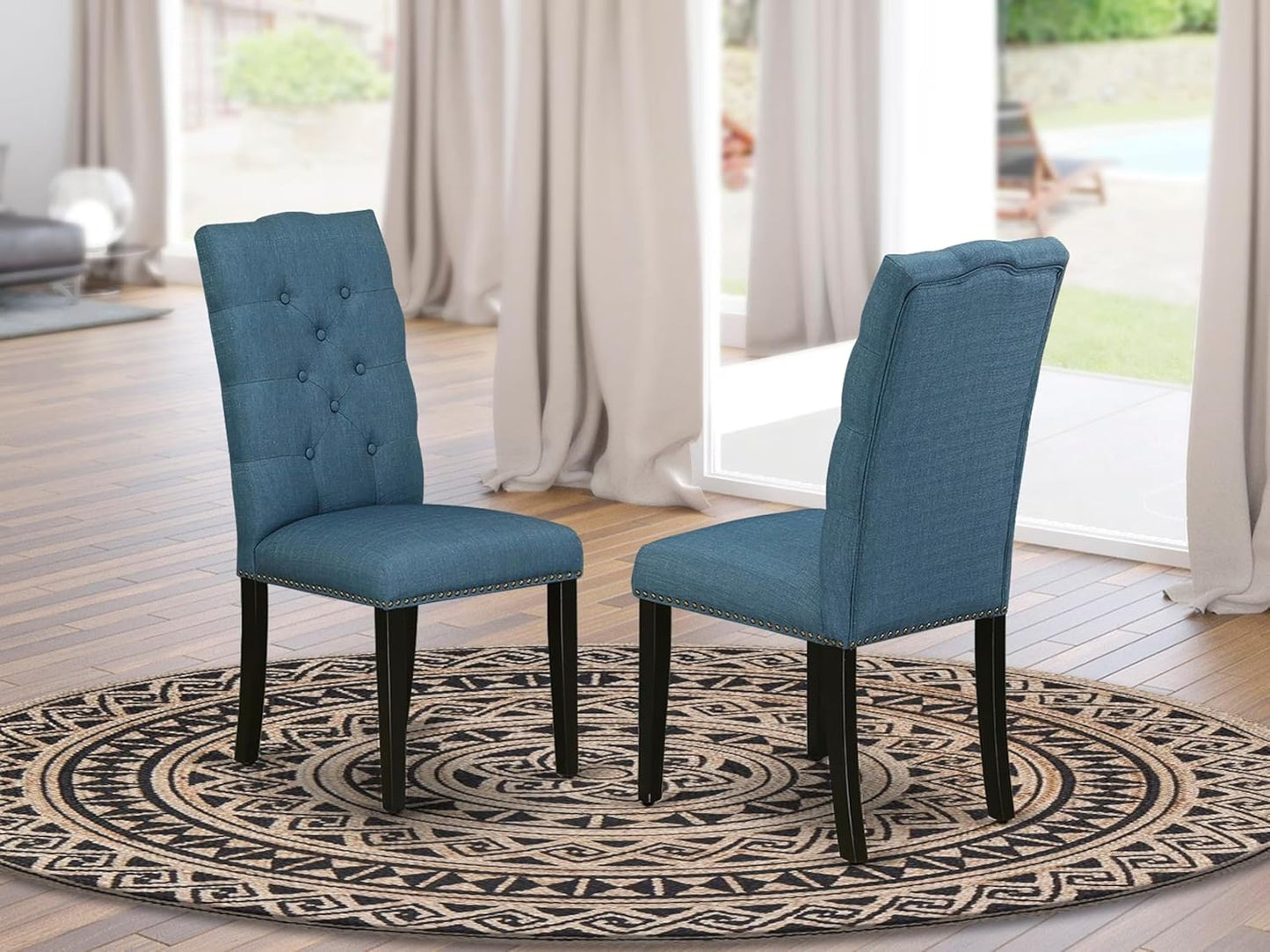 East West Furniture ELP1T21 Elsa Parson Kitchen Chairs - Button Tufted Nailhead Trim Blue Linen Fabric Upholstered Dining Chairs, Set of 2, Black