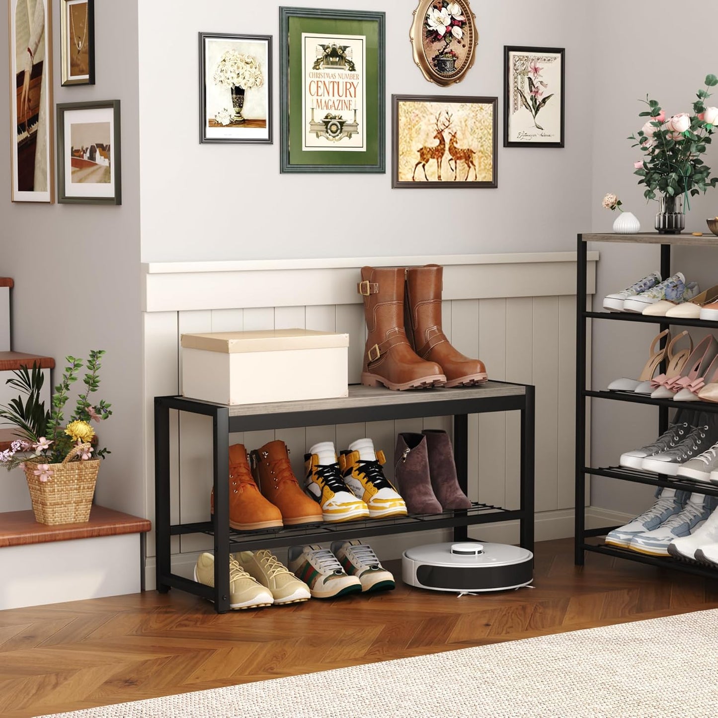 HOMEFORT 2 Tiers Shoe Bench, Retro Industrial Shoe Storage Bench with Mesh Shelf and Sturdy Metal Frame, Metal Shoe Rack Bench for Hallway, Mudroom, Living Room, Washed Gray