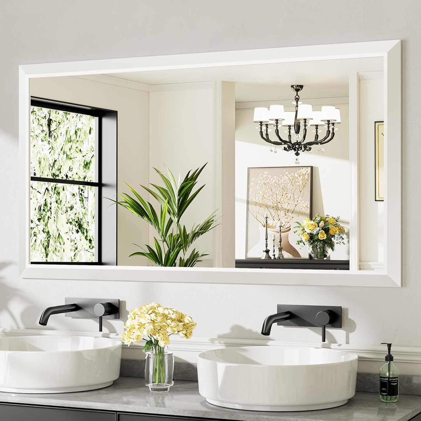 55x30 Inch White Bathroom Mirror for Wall, Thick Metal Framed Rectangle Mirrors for Over Sink, Bedroom, Living Room, Entryway, Anti-Rust, HD Tempered Glass