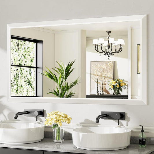 55x30 Inch White Bathroom Mirror for Wall, Thick Metal Framed Rectangle Mirrors for Over Sink, Bedroom, Living Room, Entryway, Anti-Rust, HD Tempered Glass