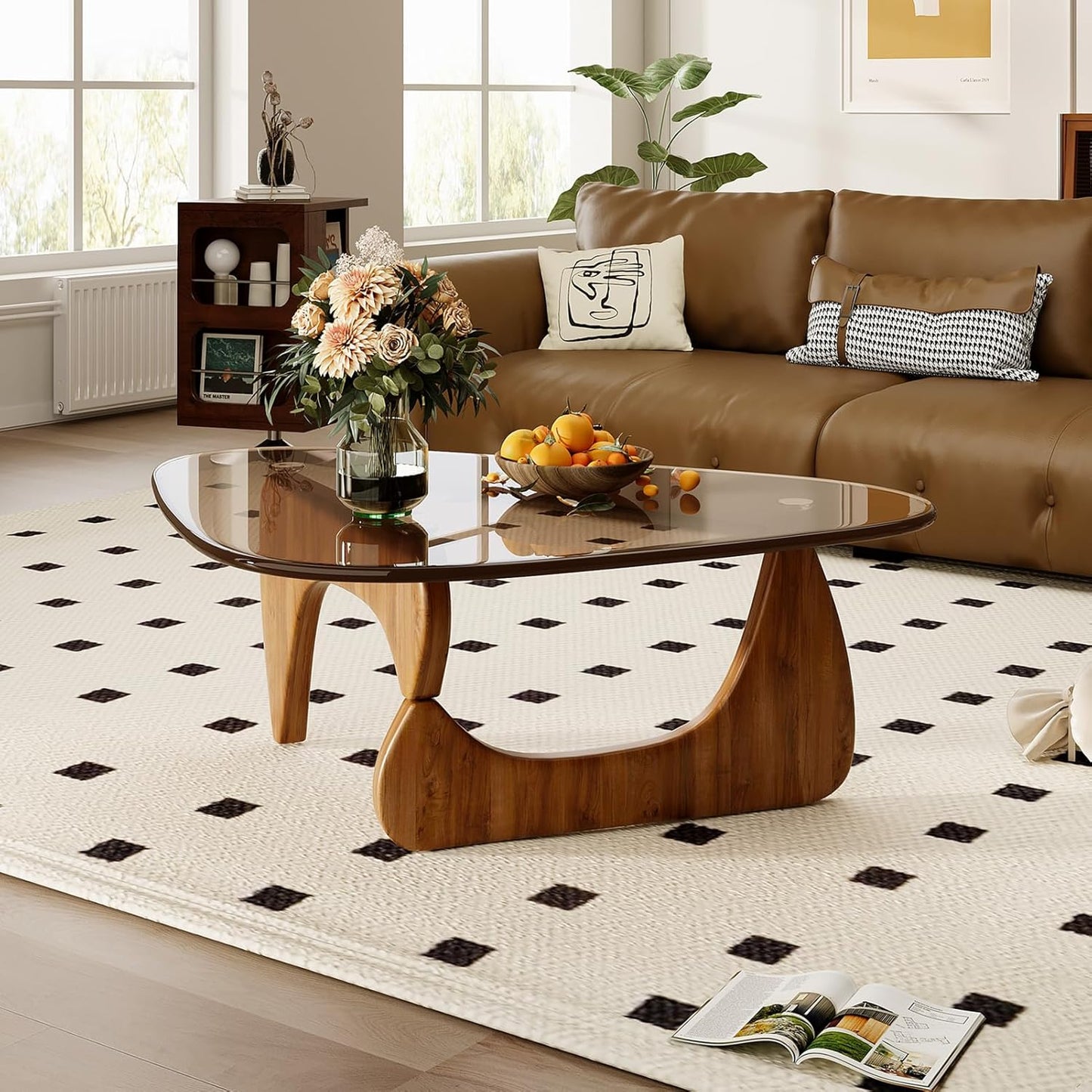 Glass Coffee Table for Living Room Mid Century Modern Triangle Center Table with Wooden Base, Brown/Walnut