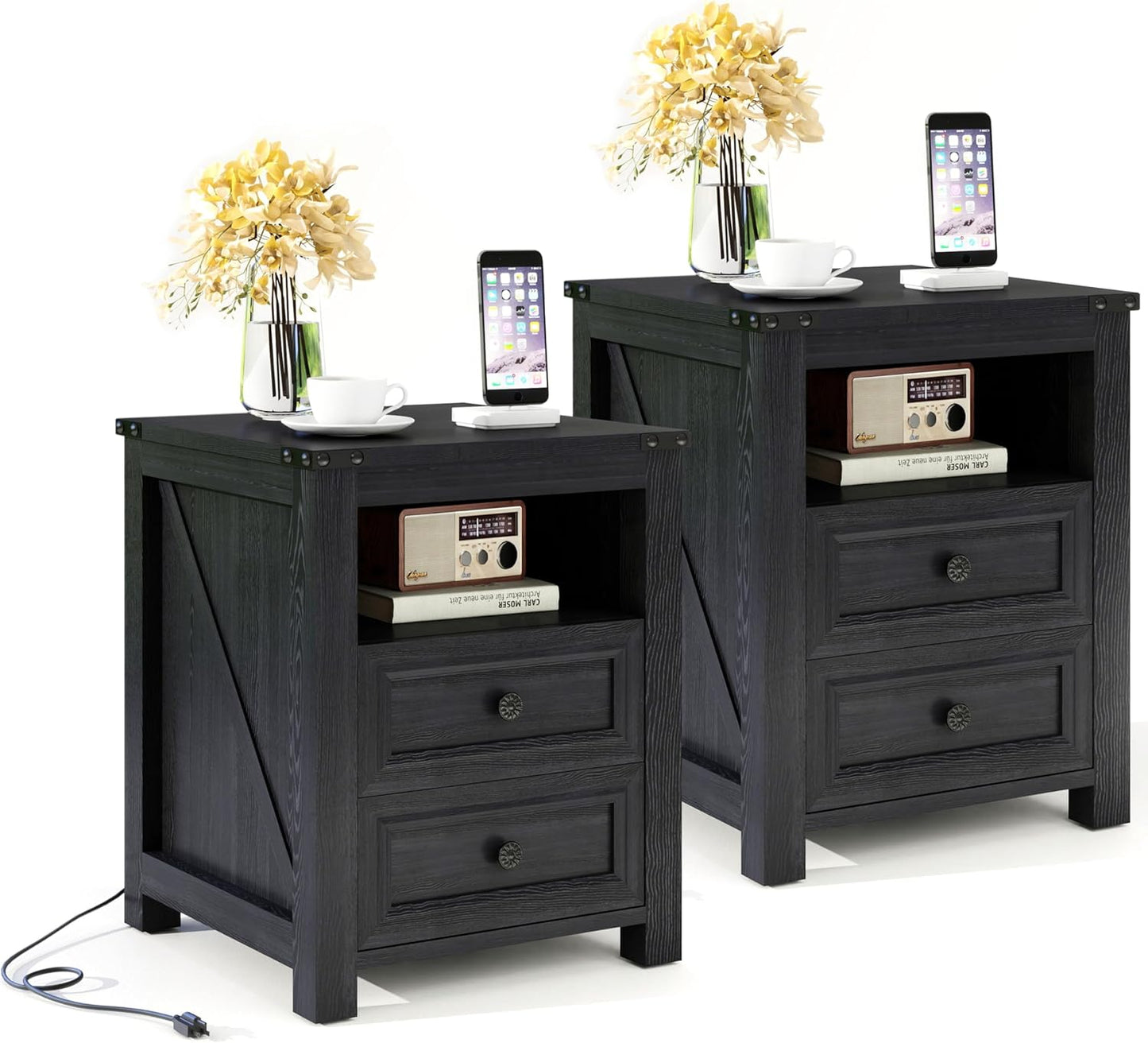 Vipbear Nightstand Set of 2, 18” Wide Farmhouse Night Stand with Charging Station for Bedroom, End Table with 2 Drawers Living Room Wood Sofa Side Table with Storage, Black