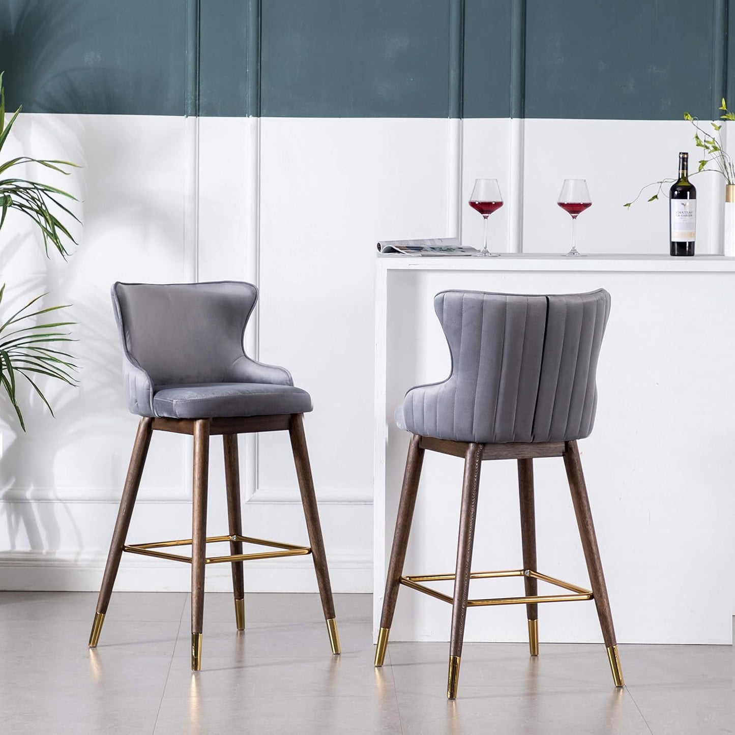 Roundhill Furniture Leland Fabric Upholstered Wingback Bar Stools, Set of 2, Gray