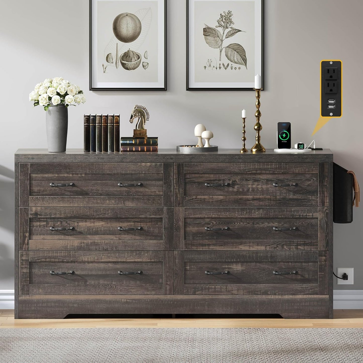 YITAHOME Rustic Oak Drawers TV Stand for 65 inches with Power Outlets -Chest of Drawers Dresser with Side Organizer Bag Entertainment Center TV Console