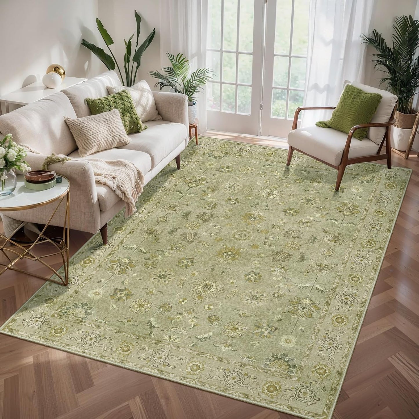 Tangsoo 4x6 Area Rug for Living Room, Washable Floral Vintage Rugs Indoor, Distressed Flaxen Green Carpet for Bedroom, Non Slip Dining Room, Soft Low Pile Rugs Foldable Floor Rug for Dorm Bedside