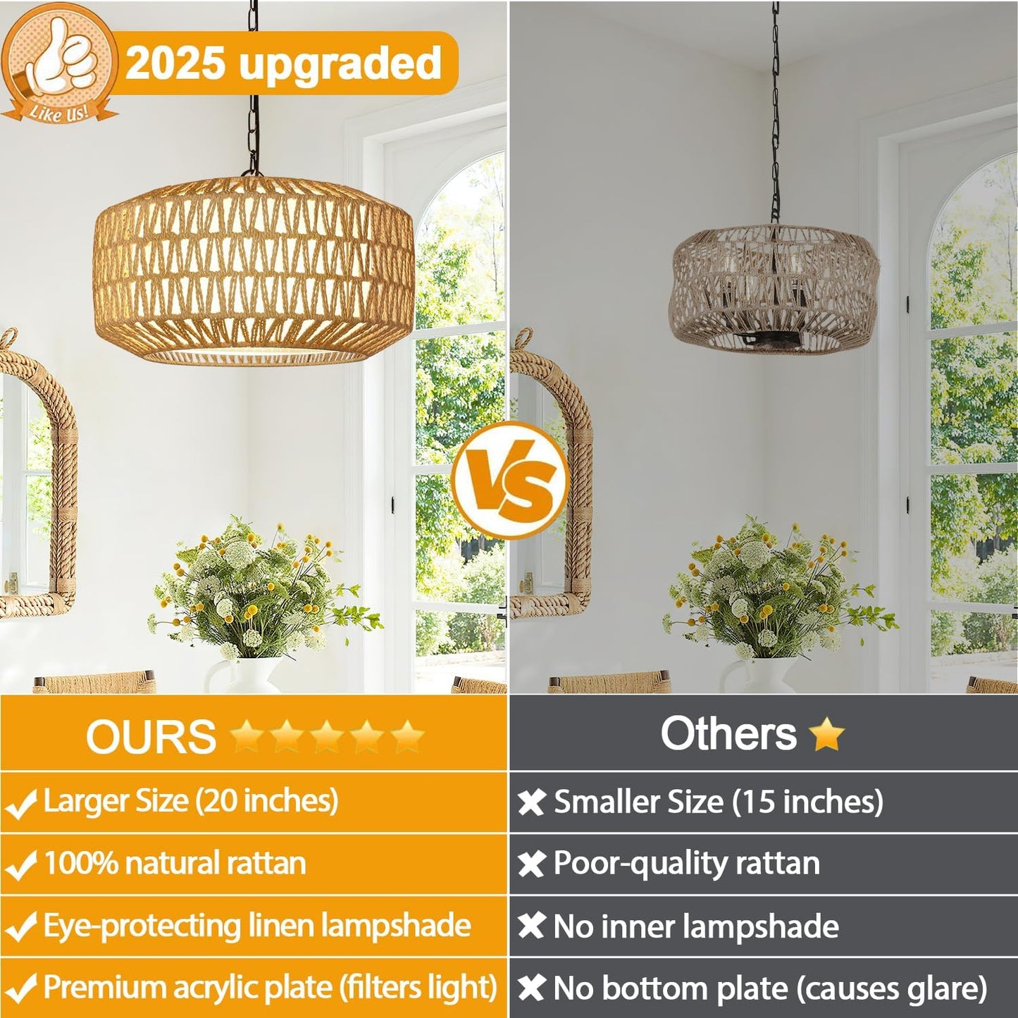 Farmhouse Chandelier Light Fixture, 5-Light Rattan Boho Chandeliers for Dining Room, Hand Woven Pendant Light with Linen Shade, Rustic Hanging Lighting for Kitchen Island, Bedroom (Bulb Not Included)