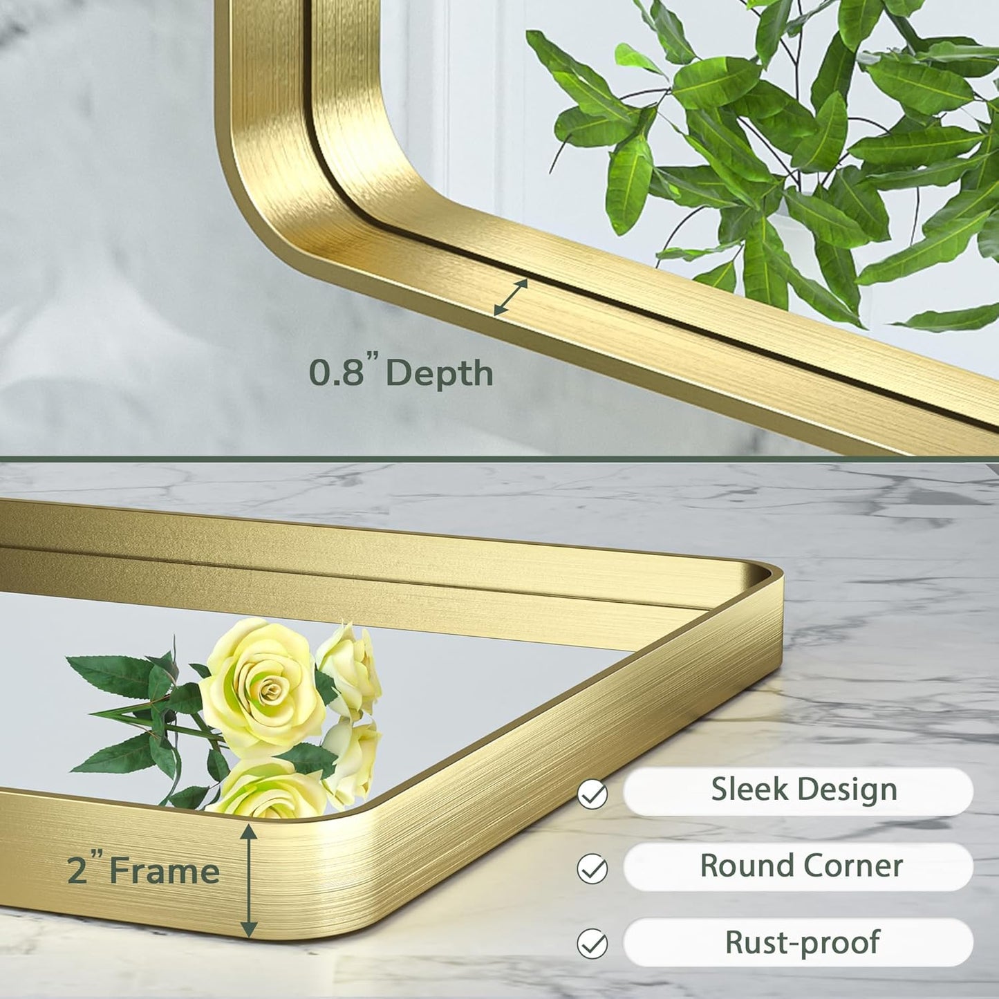 TokeShimi Bathroom Vanity Mirror 48 x 24 Inch Gold Metal Frame Round Corner Rectangular for Home Decor Living Room Entryway (Horizontal/Vertical)