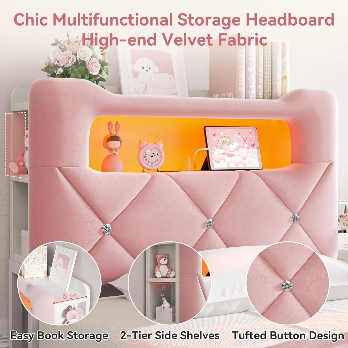 Twin Upholstered LED Bed Frame with 2 Storage Drawers and 2-Tier Storage Bookcase Headboard, Velvet Princess Platform Bed for Kids/Girls/Boys, Corner Bed Frame, Heavy Duty Metal Support, Pink