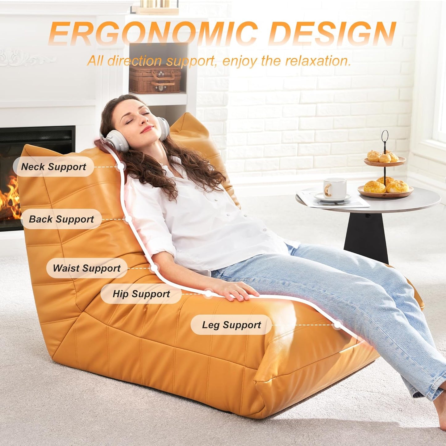 Hobestluk Giant Bean Bag Chair Lazy Floor Sofa, Memory Foam Fireside Sofa for Adults, Big Beanbag Faux Leather Armless Chair for Living Room Bedroom Dorm Office (Yellow, Single)