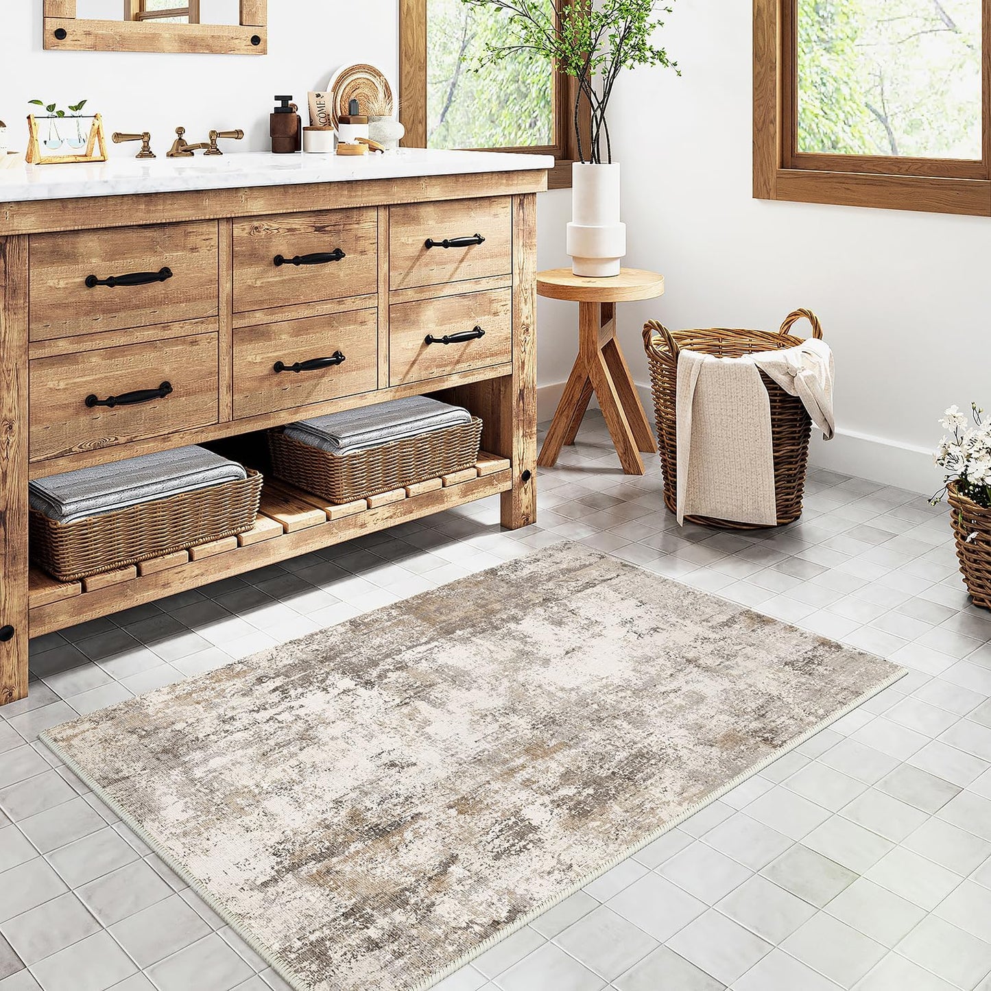 2x3 Washable Area Rug Brown Grey Neutral Abstract Entryway Kitchen Non Slip Low Pile Throw Rug Living Room Bedroom Indoor Doormat Small Soft Carpet for Entrance Bathroom