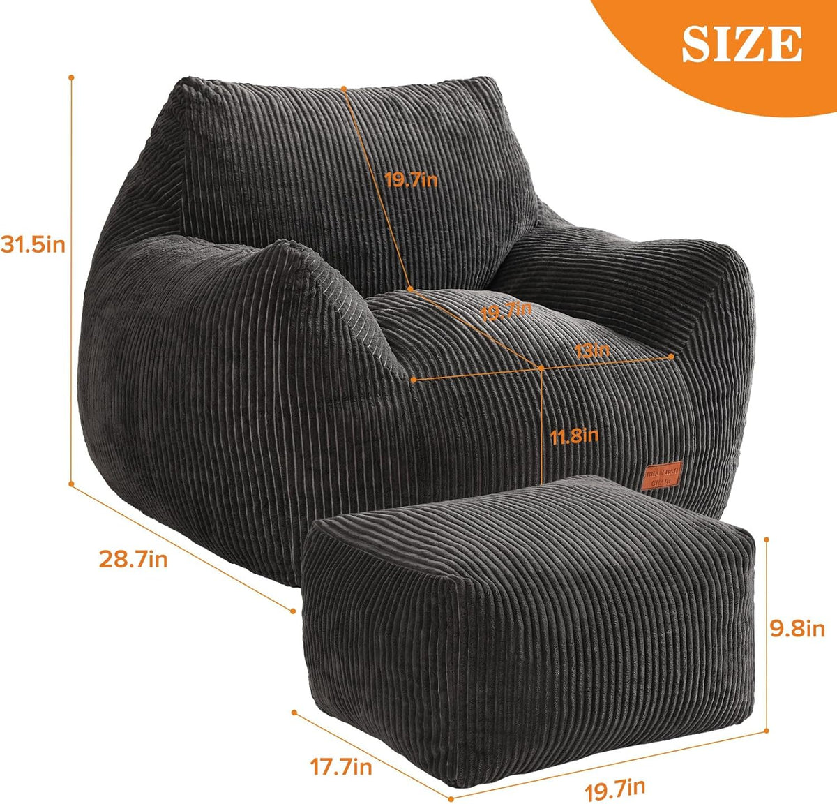 Big Bean Bag Chair for Adults & Kids, Ultra Soft Living Room Bean Bag with Armrests & Ottoman, Stuffed BeanBag Floor Sofa for Napping, Gaming, Lounging, Dark Gray