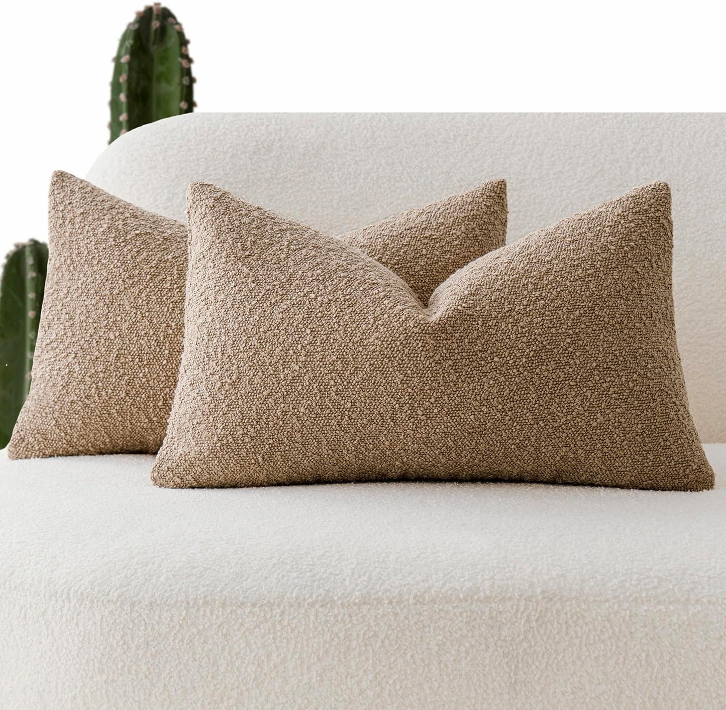 Foindtower Pack of 2 Textured Boucle Throw Pillow Covers Accent Solid Lumbar Pillow Cases Cozy Soft Decorative Couch Cushion Case for Chair Sofa Bedroom Living Room Home Decor, 12 x 20 Inch,Camel