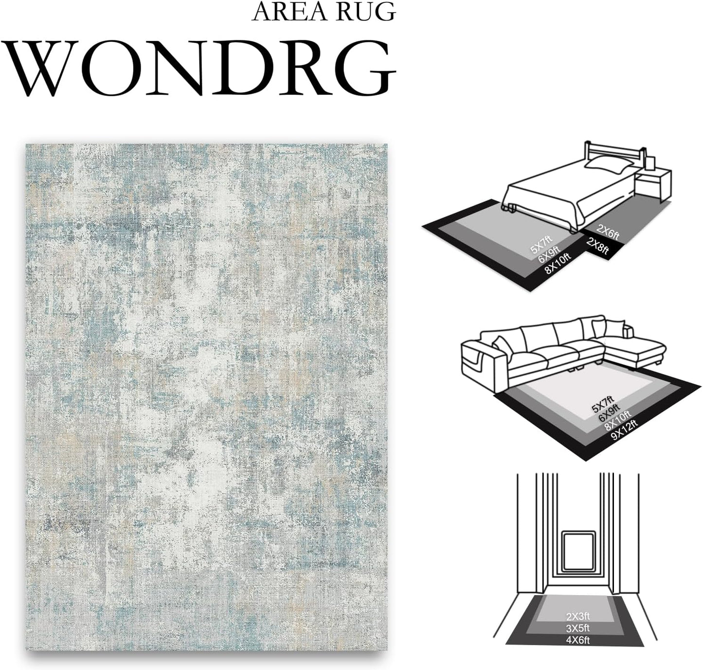 8x10 Washable Area Rug Blue Cream Modern Neutral Abstract Living Room Bedroom Indoor Floor Carpet Low Pile Soft Non-Slip Lightweight Vacuumable Large Throw Rug for Nursery Dining Room