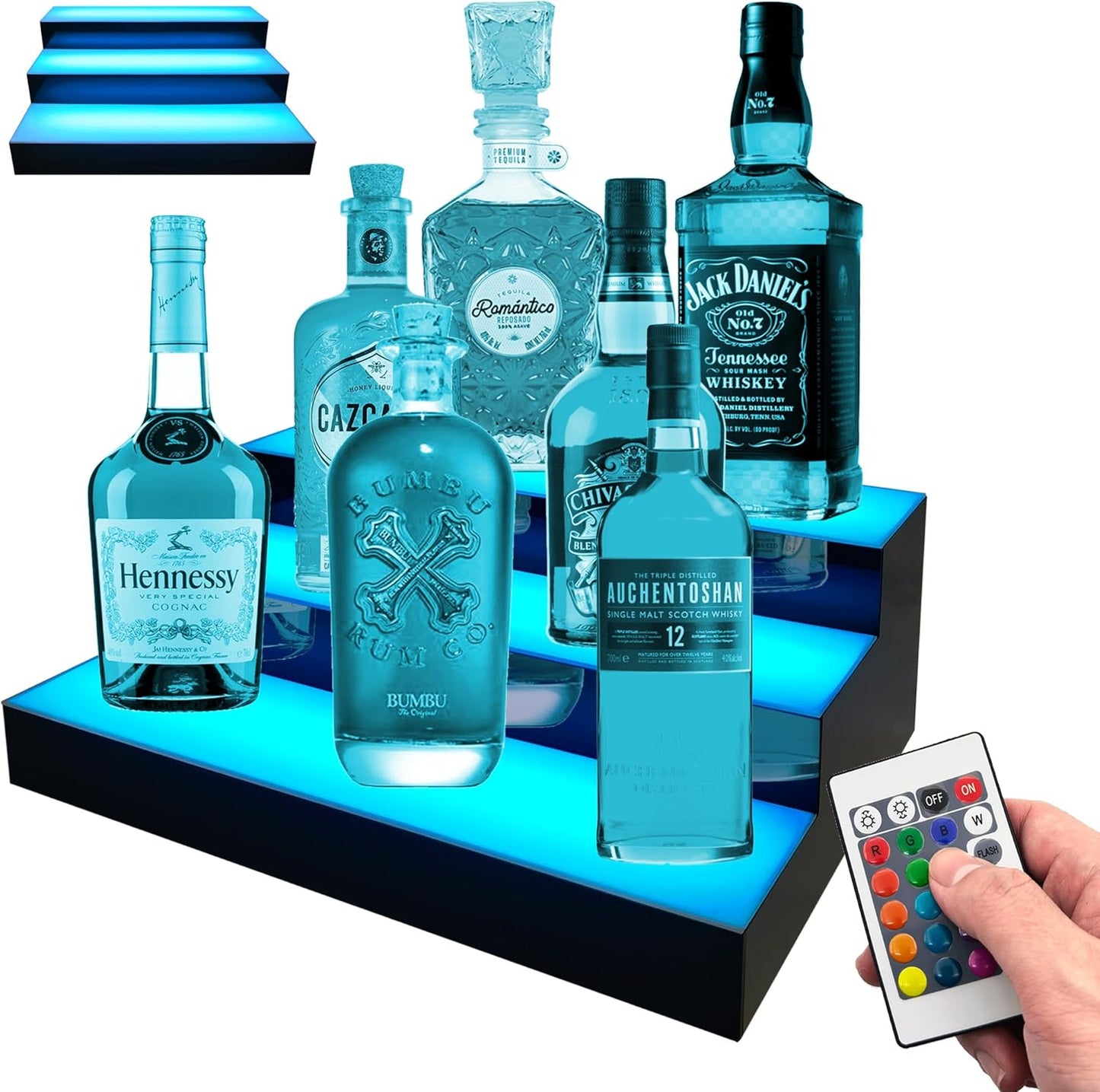 Royxen LED Lighted Liquor Bottle Shelf 3 Tier, 16 Inch Bar Shelf with Remote, Bottle Stand Multi-Color Lighting Modes for Bars