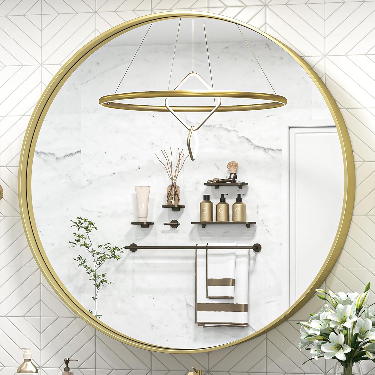 TokeShimi 40 Inch Round Gold Bathroom Mirror for Wall with Non-Rusting Aluminum Alloy Brushed Matte Metal Frame for Modern Minimalist Farmhouse Home Decor