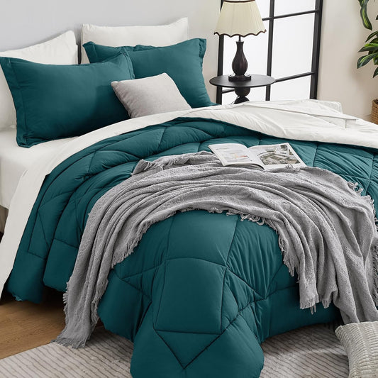 HEVUMYI Full Comforter Set - 7-Piece All Season Bed in a Bag Full, Ultra Soft Bedding Set with Comforter, Flat Sheet, Fitted Sheet, Pillowcases, Pillow Shams, Peacock Blue & Ivory