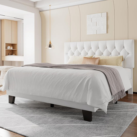 Feonase Velvet Full Size Platform Bed Frame with Button Tufted Headboard, Upholstered Bed with Wooden Slats Support, No Box Spring Needed, Easy Assembly, Noise-Free, White