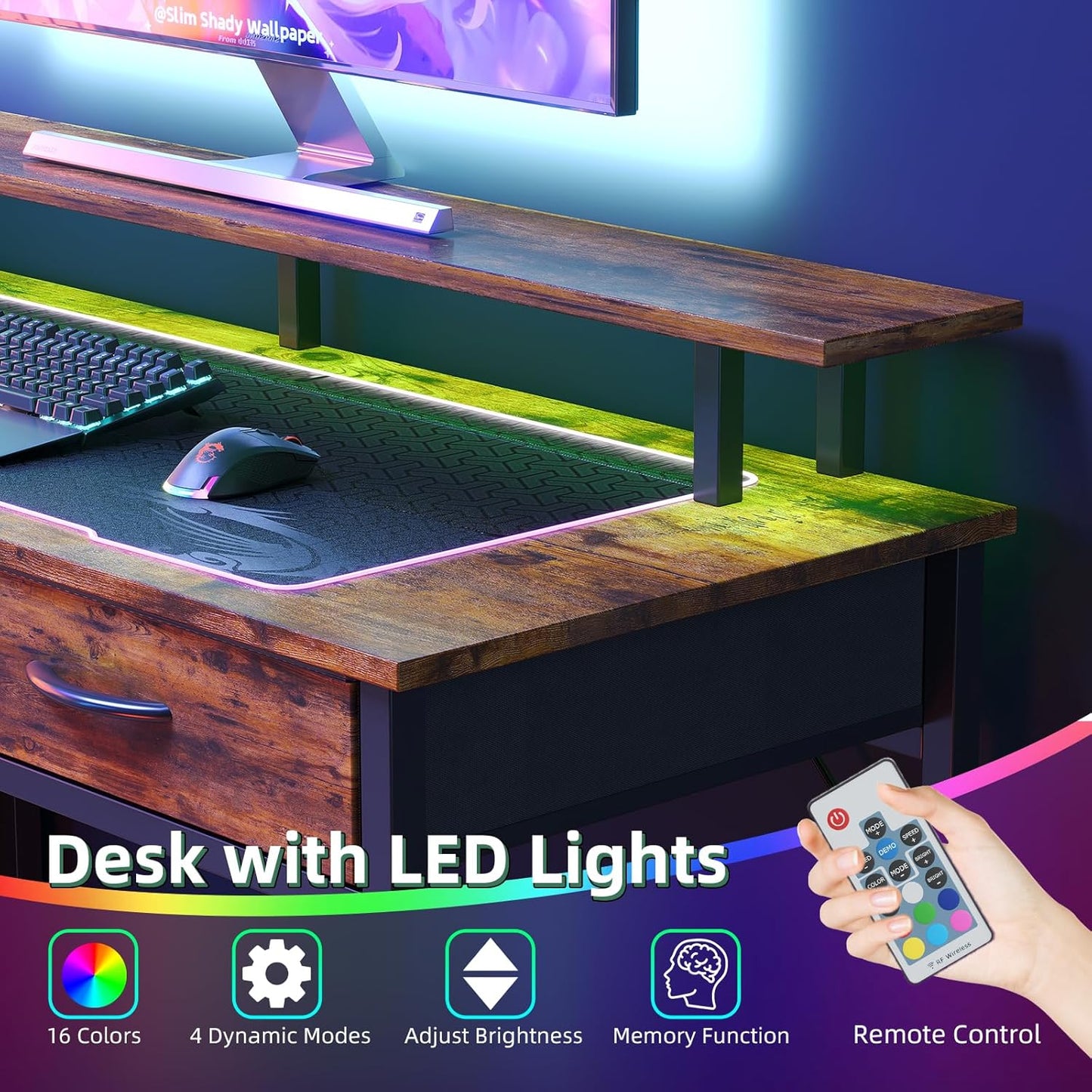 Computer Desk with 5 Drawers, Gaming Desk with LED Lights Power Outlets and Type-C, 39 Inch Office Desk with Storage, Monitor Stand, Writing Desk Work Table for Home Office, Small Spaces, Rustic Brown