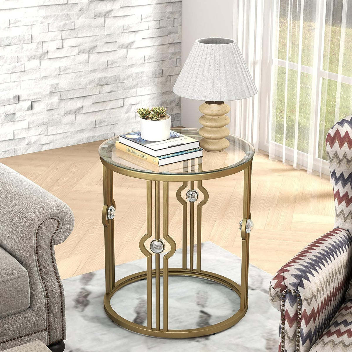 OIOG Glass Side Table Set of 2, Living Room End Table with Tempered Glass & Metal Frame, Gold Side Table for Bedroom Office, 2 PC