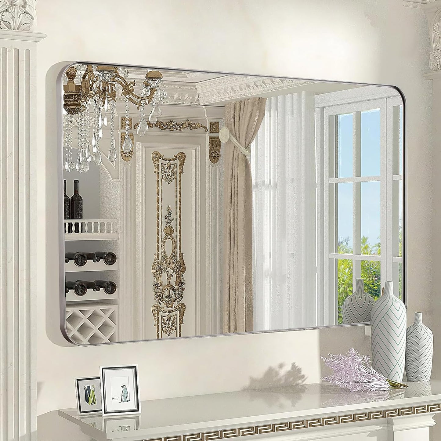 24x36 Inch Silver Bathroom Mirror for Wall, Metal Framed Rectangle Mirror with Rounded Corner, Bathroom Vanity Mirror in Aluminum Alloy, Hangs Horizontally or Vertically
