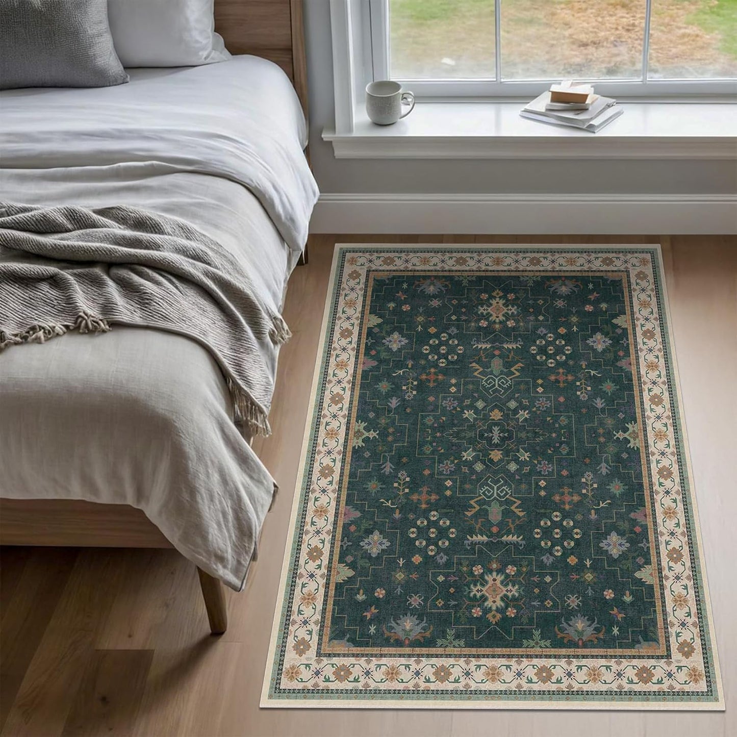 Dark Green Oushak 3x6 Kitchen Rug - Modern Vintage Boho Floral Moody, Washable Low Pile Non-Slip Area Rugs for Large Entryway, Door Mat Indoor Entrance, Kitchen, Bedroom Beside Bed