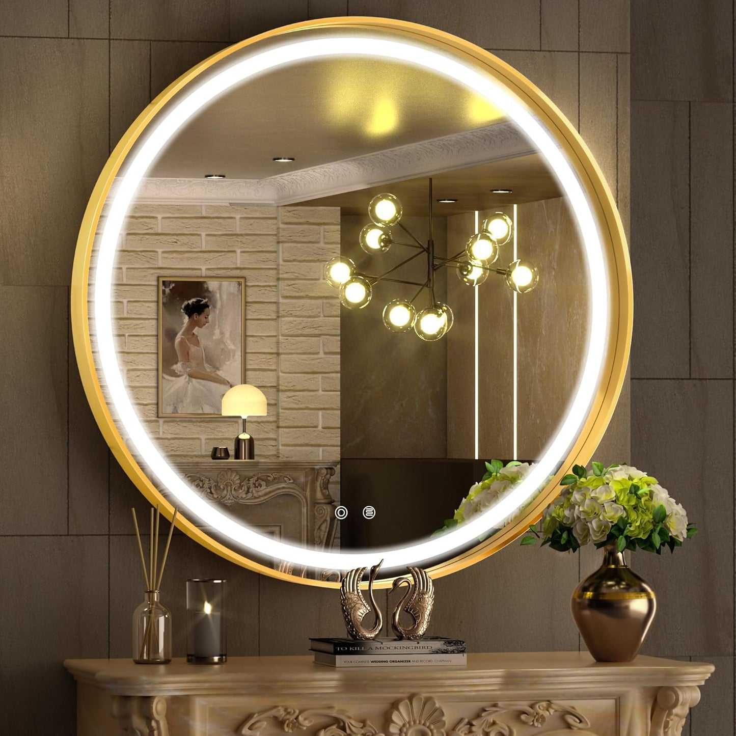 Hasipu 32 Round LED Mirror for Bathroom with Lights, Gold Circle Vanity Mirror for Wall, Metal Framed Frontlit Bathroom Mirrors Anti-Fog, Dimmable, 3 Colors Makeup Mirror Wall Mounted