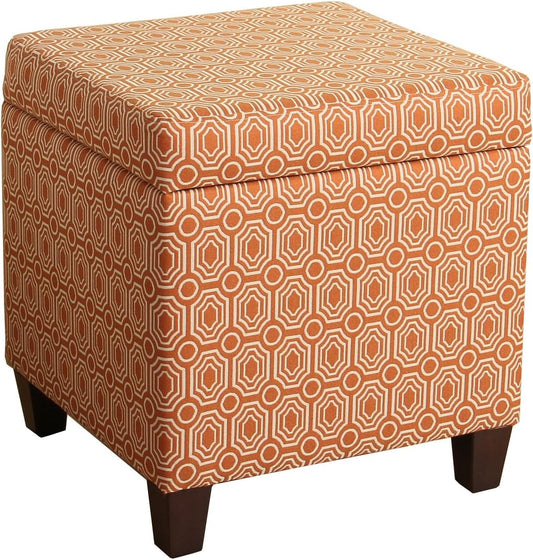 HomePop Upholstered Storage Cube Ottoman with Hinged Lid, Orange Geometric 17" x 17" x 18"
