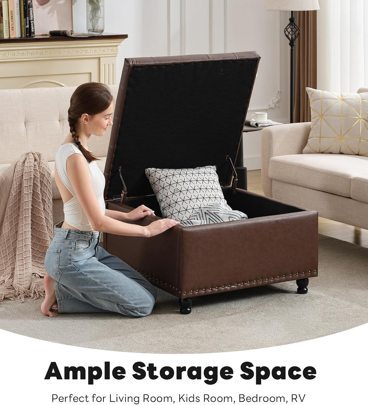 Tbfit Large Square Storage Ottoman Bench, Button Tufted Upholstered Coffee Table Ottoman with Wooden Legs, Oversized Storage Ottomans Toy Box Footrest for Living Room, Brown