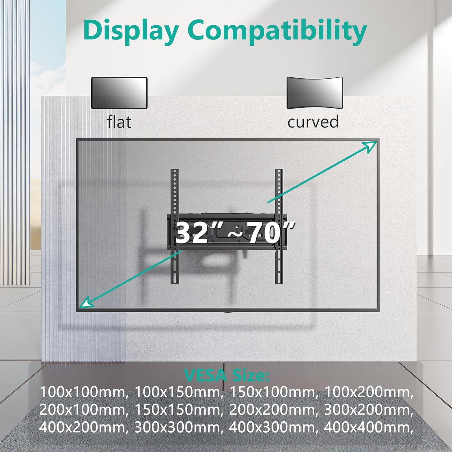 WALI Full Motion TV Wall Mount for Most 32-70 inch Flat Curved TVs, Swivel Extension Tilting Leveling TV Mount Bracket Max Mounting Holes 400x400mm, Holds up to 88 lbs & 12/16" Wood Studs