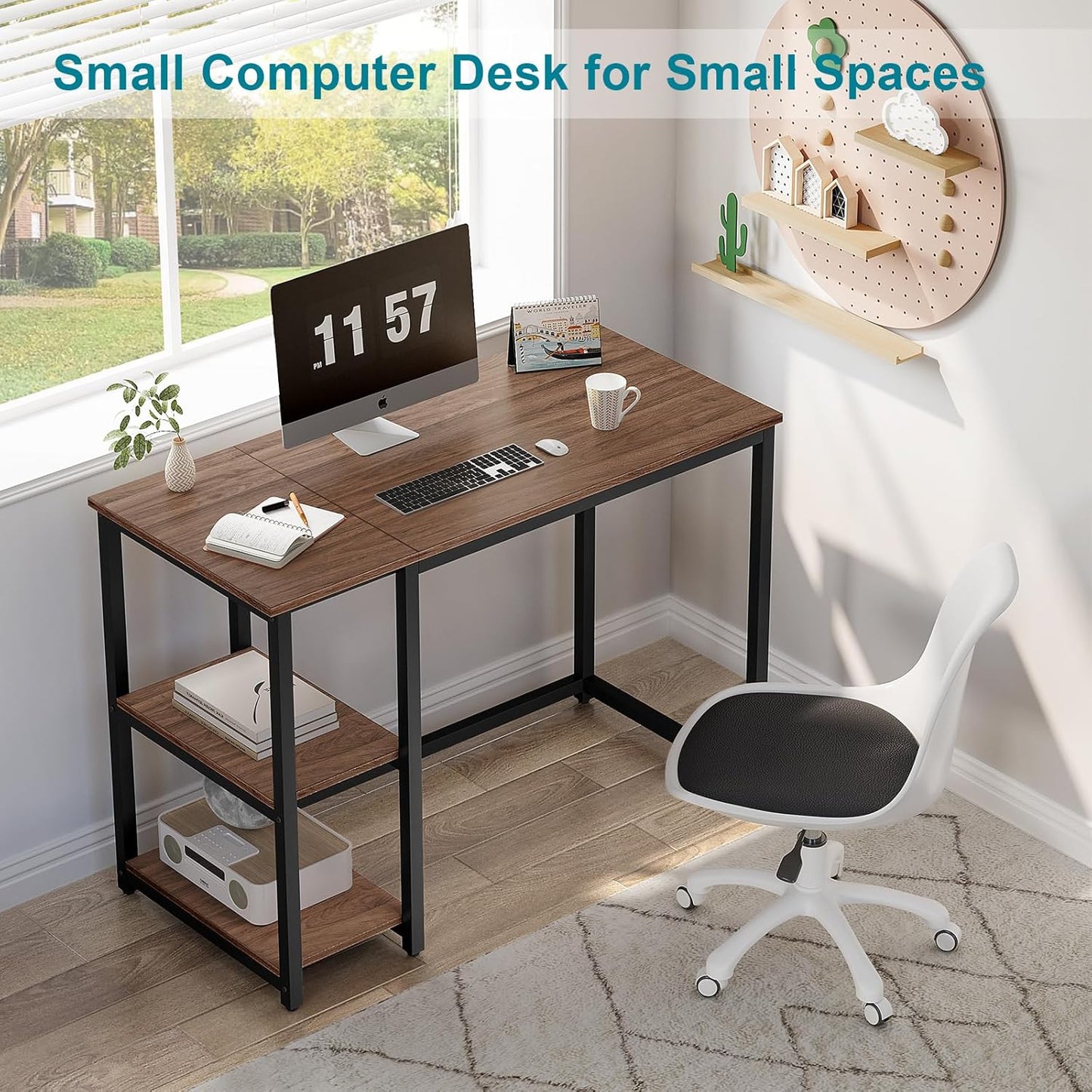 SINPAID Computer Desk 47 inches with 2-Tier Shelves Sturdy Home Office Desks with Large Storage Space Modern Gaming Desk Study Writing Laptop Table, Brown