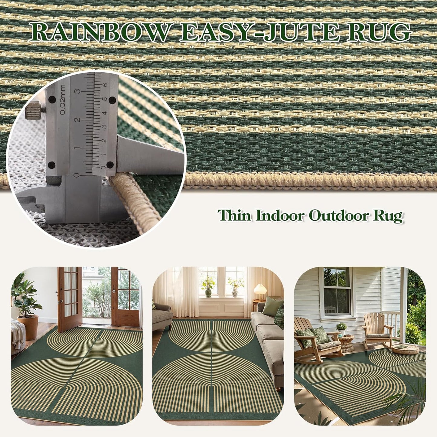 Lahome Modern Rainbow Easy Jute Indoor Outdoor Rugs, 5x7 Dark Green Rug for Living Room Office, Farmhouse Non Slip Non Shedding Floor Carpet for Dining Room Deck Sunroom