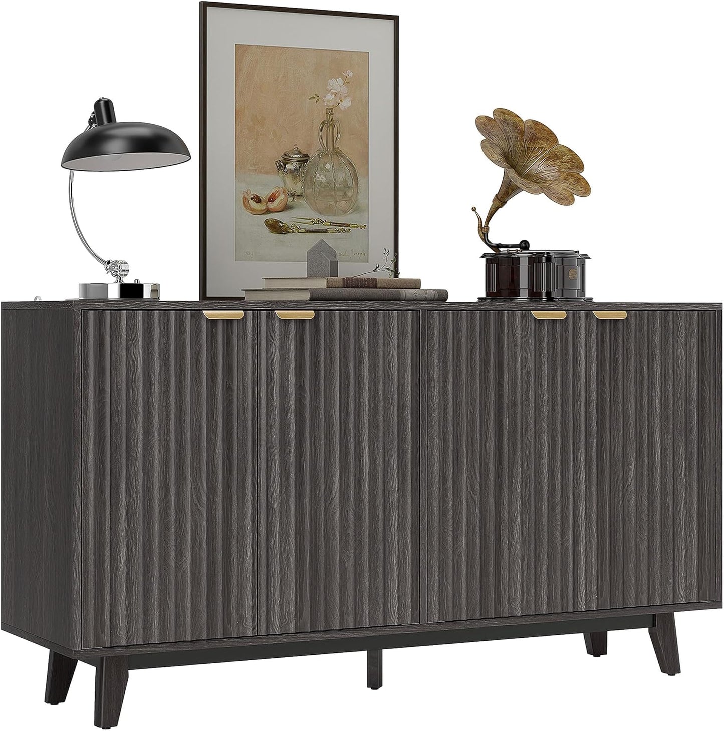 HOMCOM Fluted Sideboard Buffet Cabinet, 55" Modern Accent Console Cabinet with 4 Doors, 2 Adjustable Shelves and 5 Wood Legs, Distressed Gray