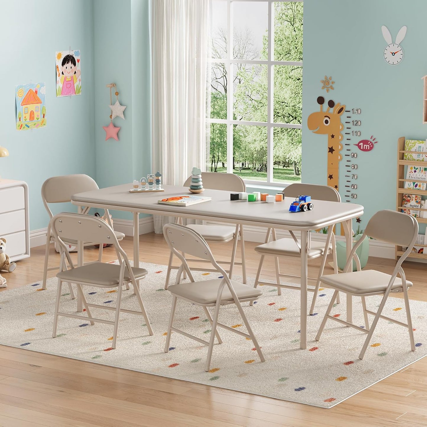 GarveeHome 7-Piece Kids Folding Table and Chairs Set, Toddlers Children's Activity Table and Chairs Set for Dining Room,Daycare,Classrooms