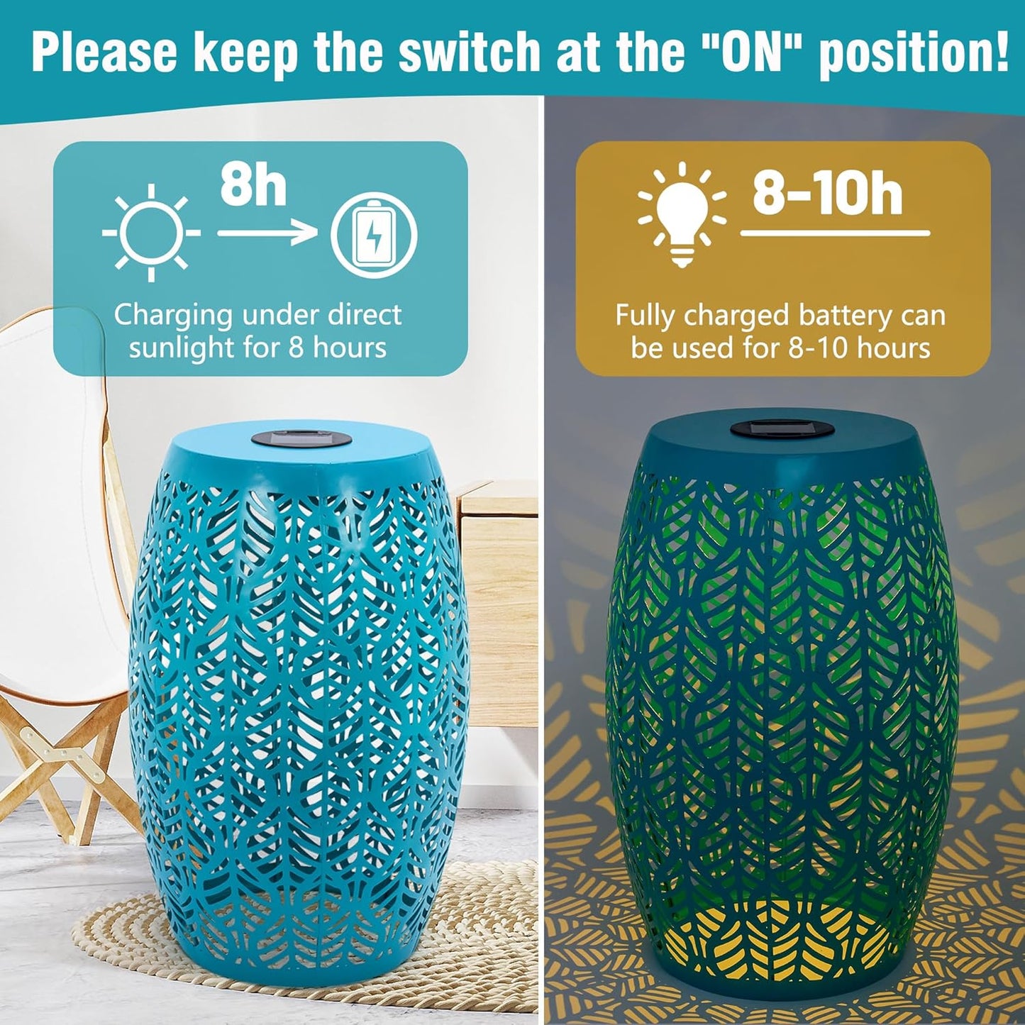 HPC Decor Outdoor Side Table - 18.3" Tall Iron Side Table with Waterproof Solar Powered Light, Cutout Blue End Table,Small Patio Side Table for Outside,Backyard, Pool, Indoor,Decorative Garden Stool.