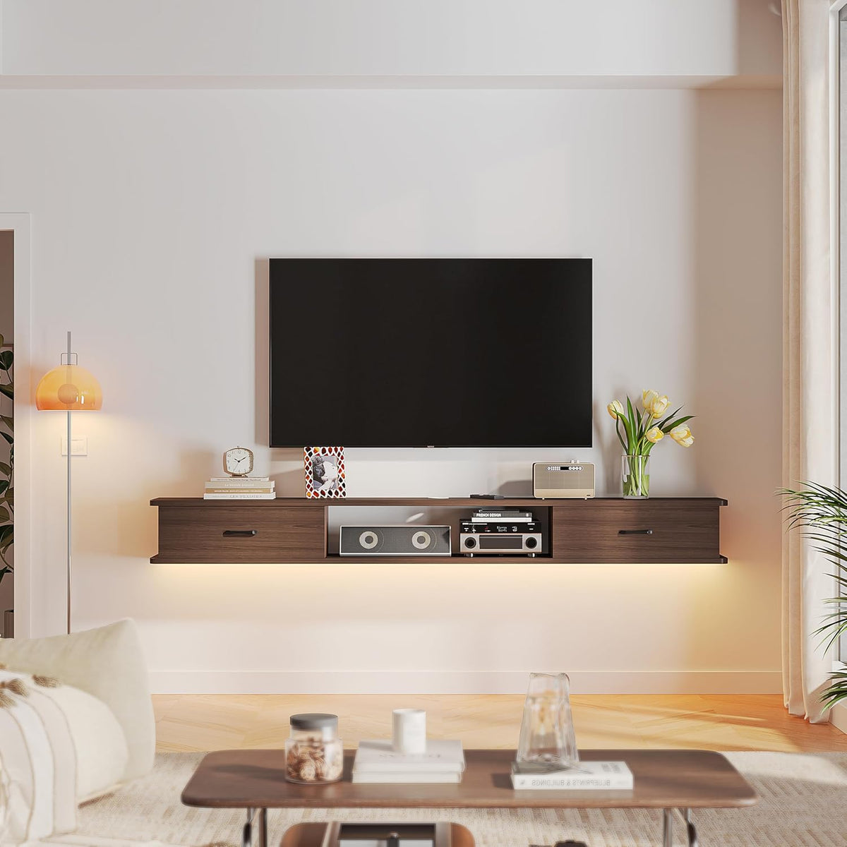 Floating TV Stand with 2 Doors,70'' Wall-Mounted TV Console,Floating TV Cabinet,Floating Console Shelf,Wall Mounted TV Cabinet(Walnut)